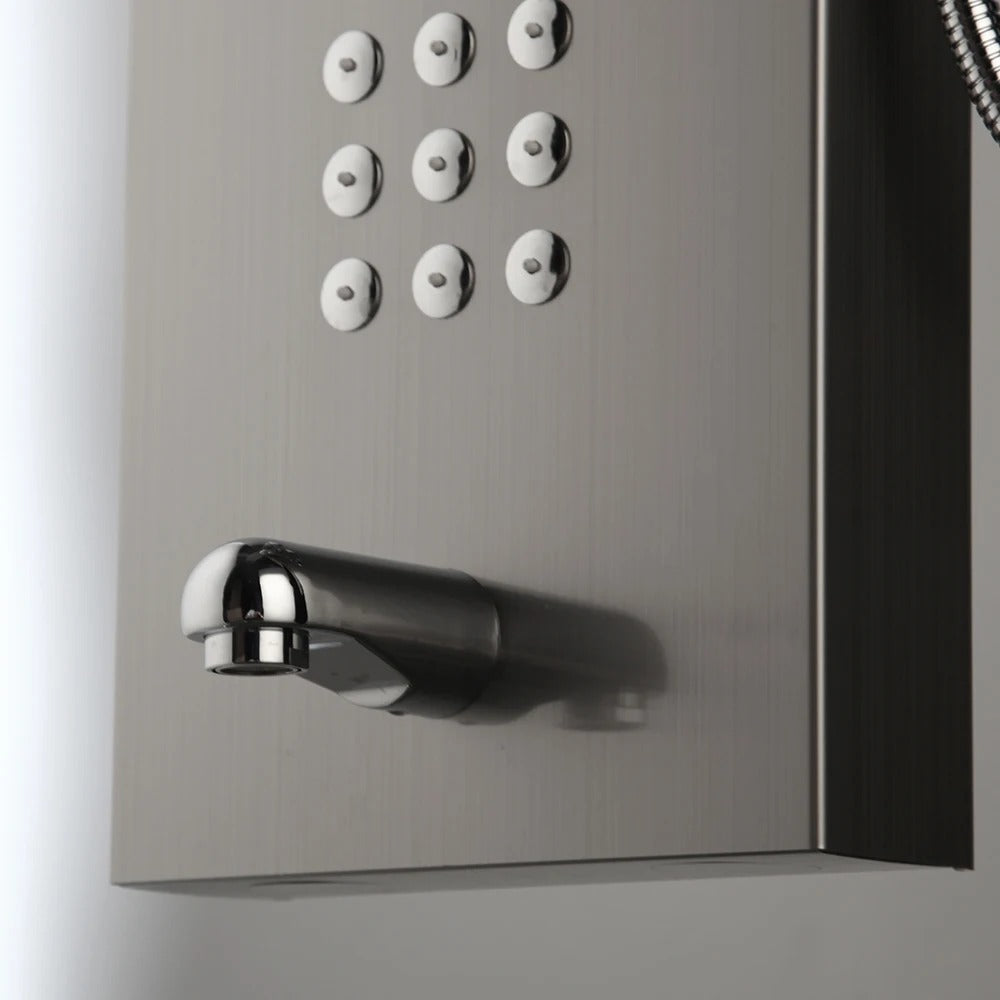 Juno Wall-Mounted Brushed Gold 4-Function Shower Panel with Rainfall, Waterfall, Body Jets & Handheld Wand