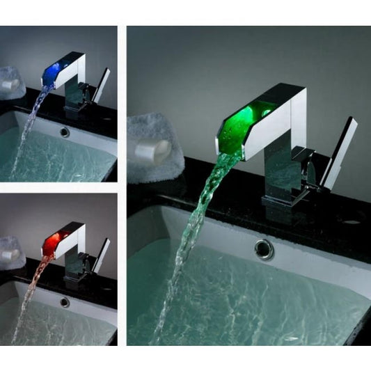 16CM Single Handle Chrome Finish Waterfall Color Changing LED Bathroom Sink Faucet 