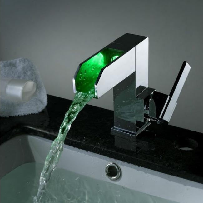 16CM Single Handle Chrome Finish Waterfall Color Changing LED Bathroom Sink Faucet 
