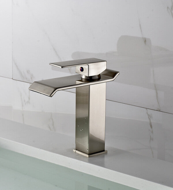 Single Handle Brushed Nickle Finish Brass Body Deck Mount Waterfall Bathroom Sink Faucet