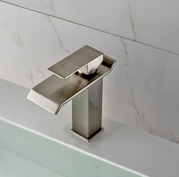 Single Handle Brushed Nickle Finish Brass Body Deck Mount Waterfall Bathroom Sink Faucet