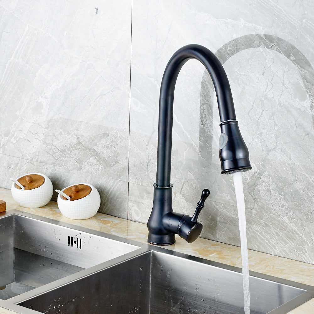 Juno Black Single Handle Deck Mount Kitchen Fucets Swivel Spout Pull Out Kitchen Sink Mixer Tap