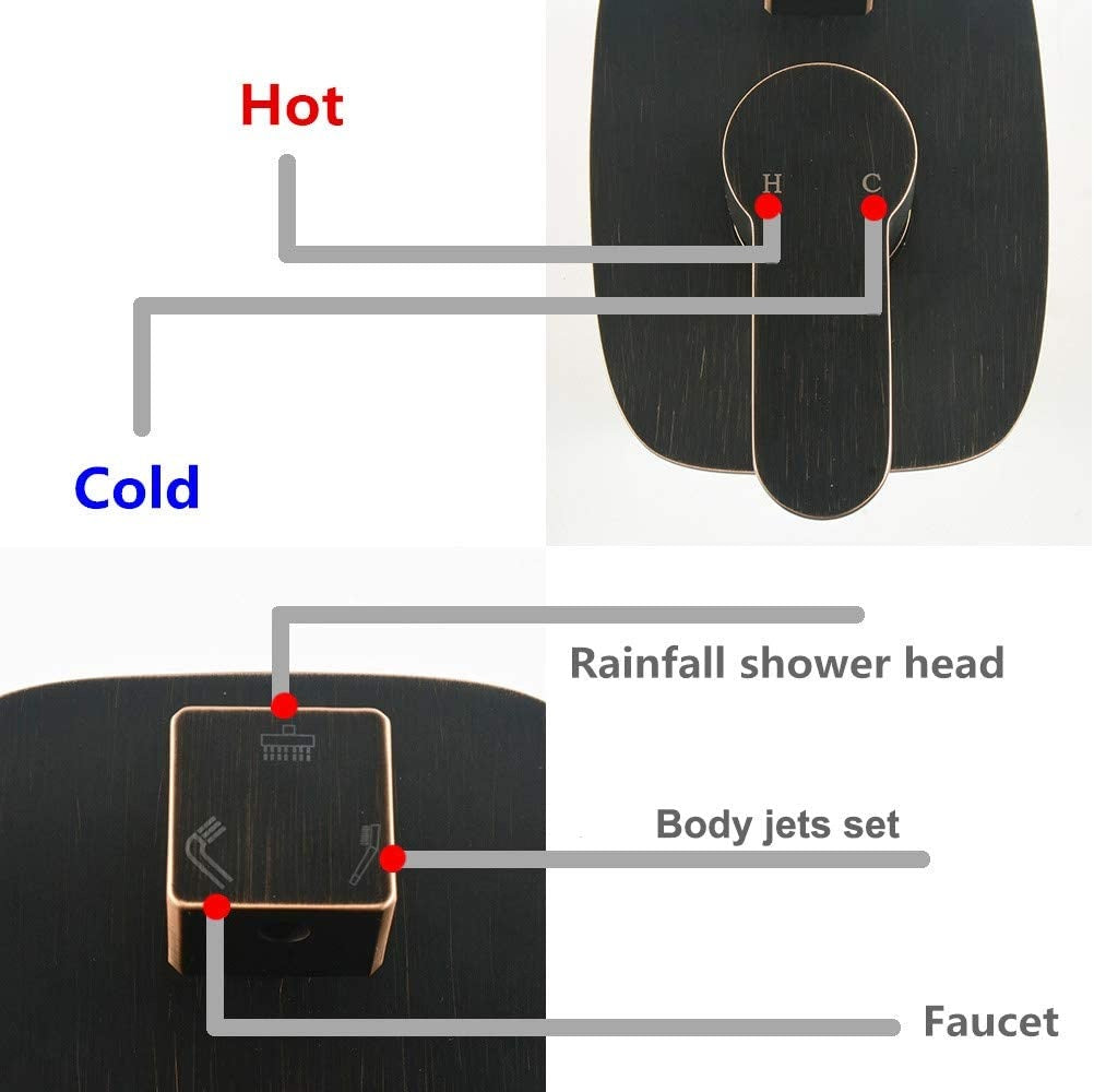 Juno 12" Ceiling Wall Mount Black Solid Brass Rainfall Shower System With 6 PCS Body Jets Mixer Spout Tub Set