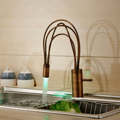 Single Handle Antique Brass Finish Deck Mount LED Kitchen Faucet 