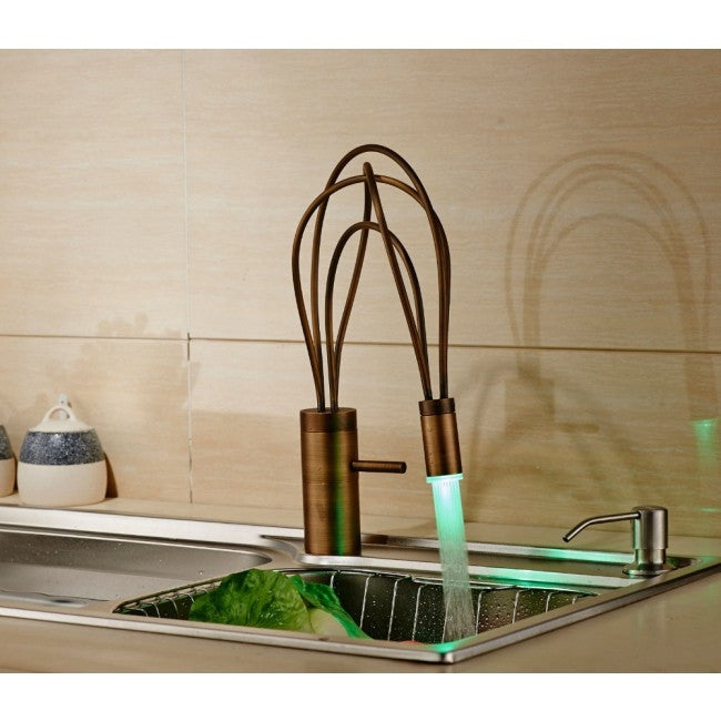 Single Handle Antique Brass Finish Deck Mount LED Kitchen Faucet 