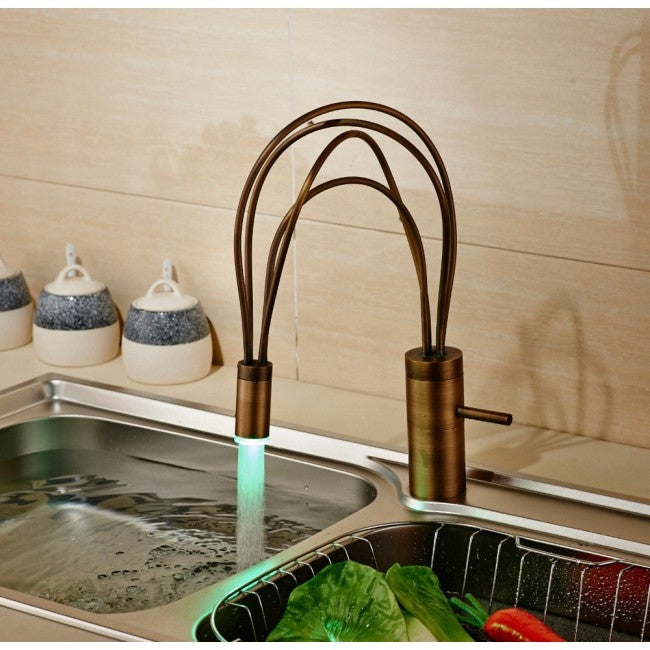 Single Handle Antique Brass Finish Deck Mount LED Kitchen Faucet 