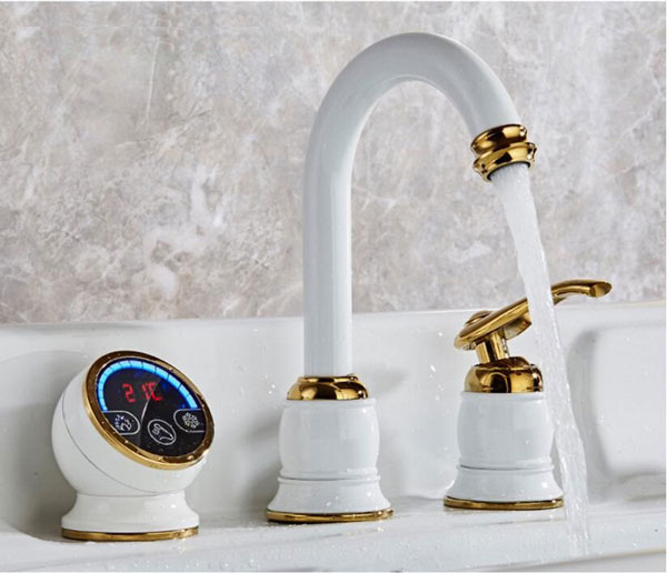 Gold & White Digital Water Temperature Display Deck Mount Bathroom Sink Faucet Mixer Tap Faucet