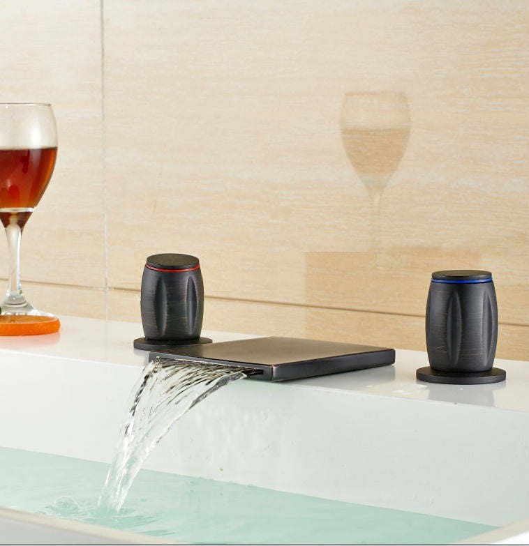 Slim Brass Body Waterfall Deck Mount Dual Handle Bathroom Sink Faucet Oil Rubbed Bronze