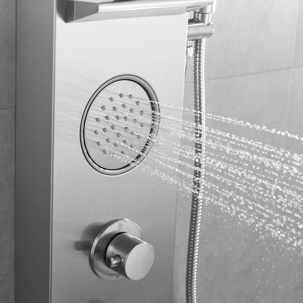 Juno Commercials Brushed Nickel Shower Panels with Square Shower Head & Storage Rack