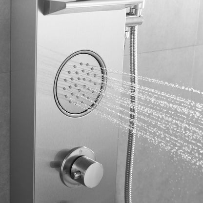 Juno Commercials Brushed Nickel Shower Panels with Square Shower Head & Storage Rack