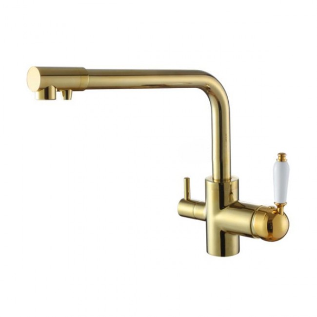 Solid Brass Double Handle 3 Way Drinking Water Kitchen Faucets Swivel Spout Sink