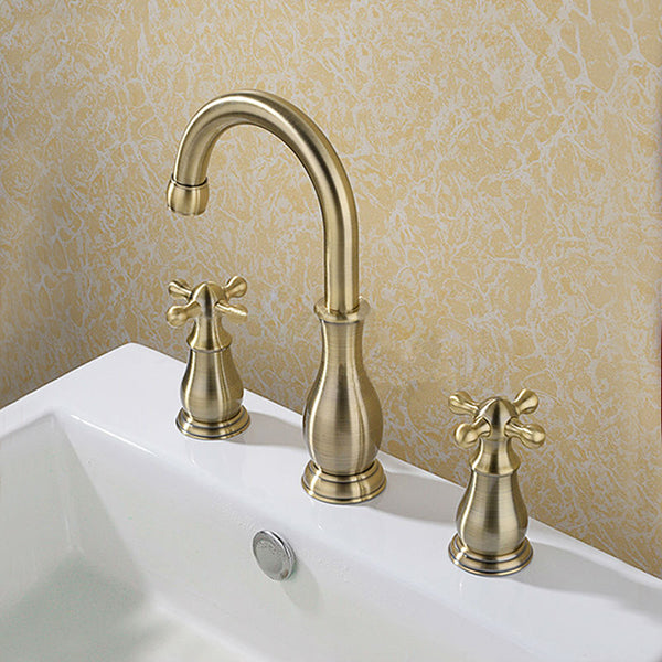 Solid Brass Dual Handle Widespread Three Holes Bathroom Sink Faucet Deck Mount Vanity Mixer Tap
