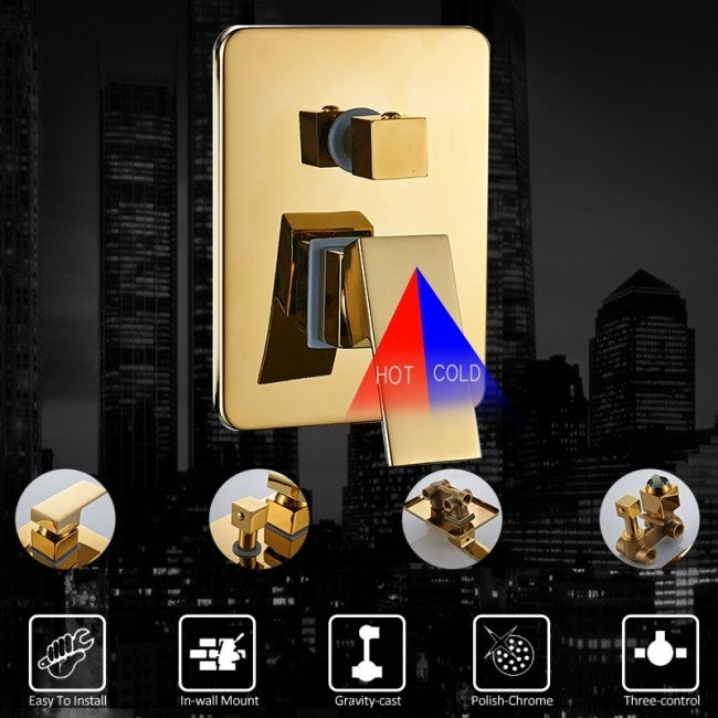 Juno Square Gold Finish LED Wall Installation Shower Head & Hand-Held Shower