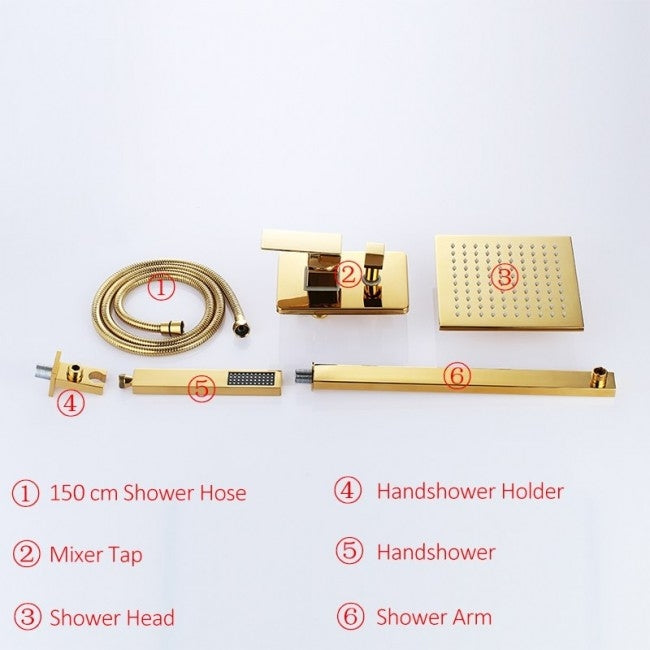 Juno Square Gold Finish LED Wall Installation Shower Head & Hand-Held Shower