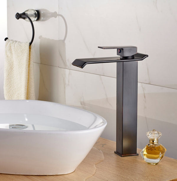 Square Tall Single Handle Waterfall Bathroom Sink Faucet Dark Oil Rubbed Bronze