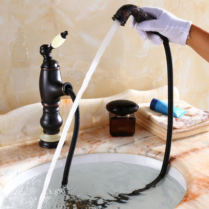 Stylish Black European Style Deck Mounted Pull-Out Bathroom Faucet