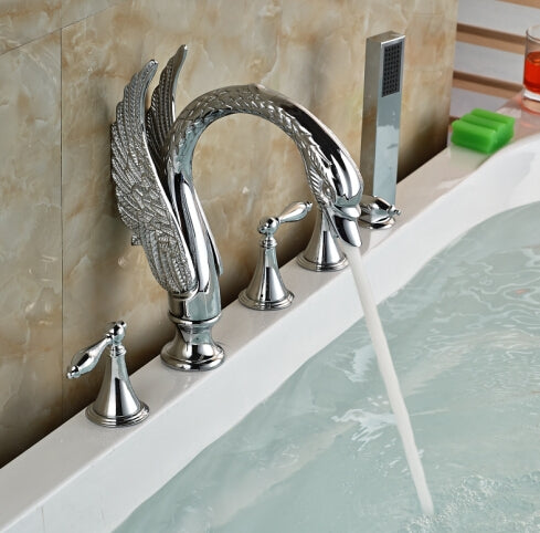 Swan Deck Mount Chrome Bathtub Faucet with Hand Shower