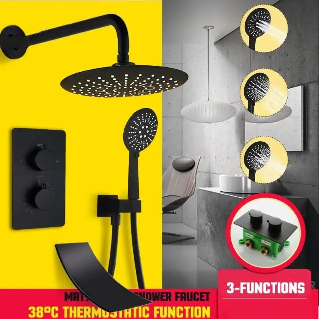 Thermostatic 3 Way Black Shower Head with Handheld Shower & Faucet