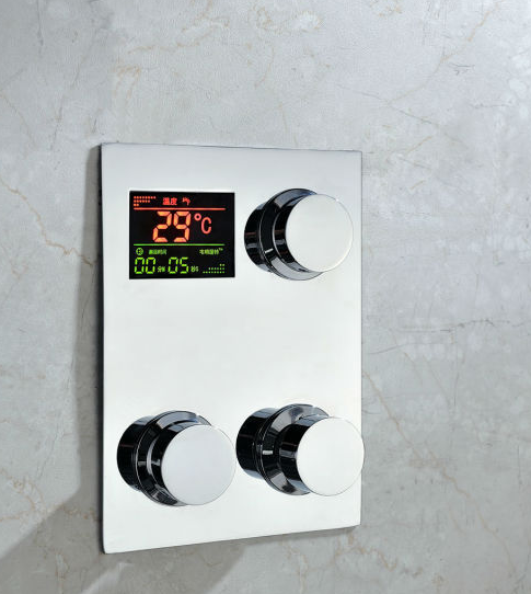 Water powered Square digital temperature display shower system with body massage shower jets and handheld shower.