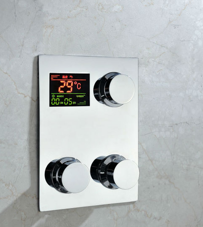 Water powered Square digital temperature display shower system with body massage shower jets and handheld shower.