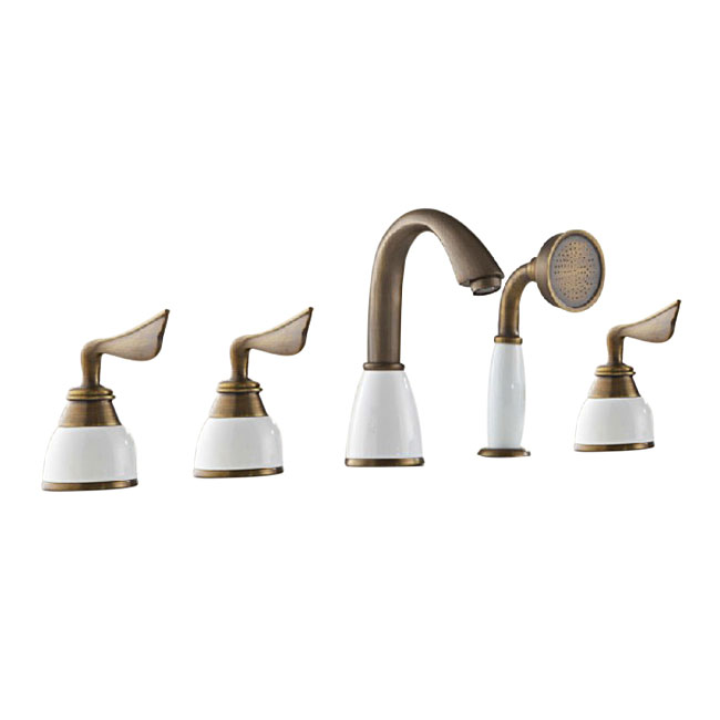 Three Handles Antique Brass Bathtub Faucet With Hand shower