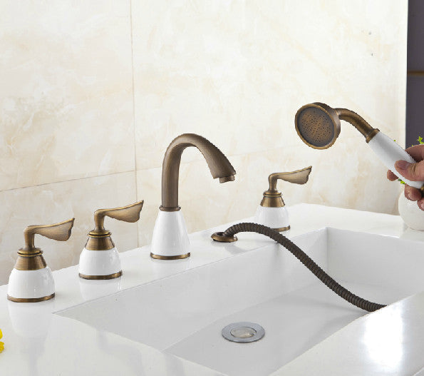Three Handles Antique Brass Bathtub Faucet With Hand shower