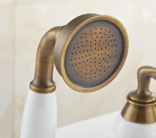 Three Handles Antique Brass Bathtub Faucet With Hand shower