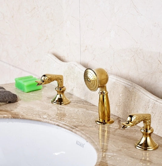 Trento Swan Dual Handle Gold Bathroom Sink Pull Out Shower Faucet