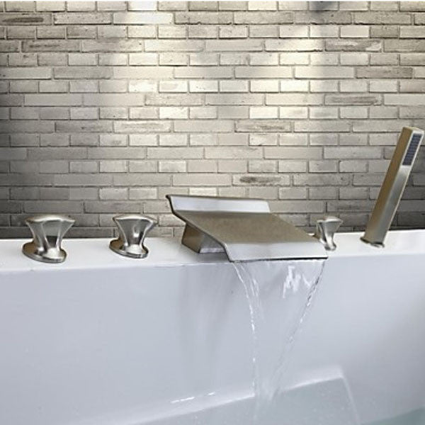 Triple Handle Brushed Waterfall Bathtub Filler with Square Hand Held Shower