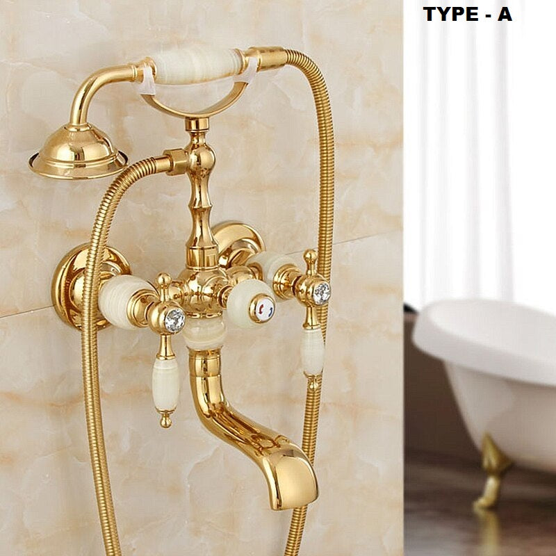 Juno Gold Finish Porcelain Handle Clawfoot Bathtub Faucet with Hand Shower