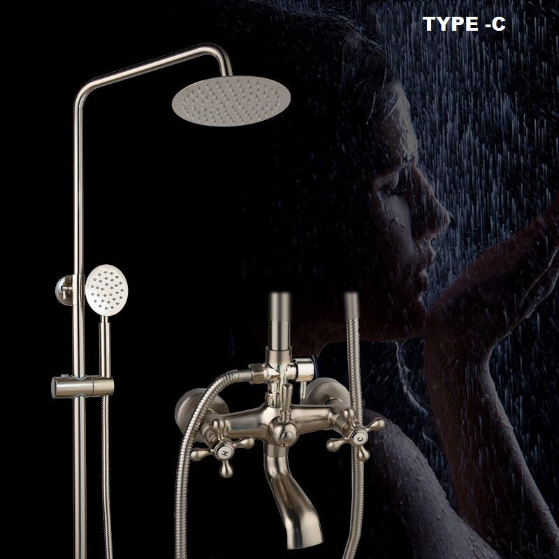 Juno 8 Inch Brushed Nickel Wall Mount 3 Function Rain Shower Head Handheld Spray Bathroom Shower Set