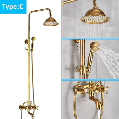 Juno Antique Brass Rainfall Dual Handle Mixer Faucet With Telephone Style Handheld Shower
