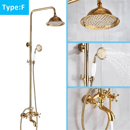 Juno Antique Brass Rainfall Dual Handle Mixer Faucet With Telephone Style Handheld Shower
