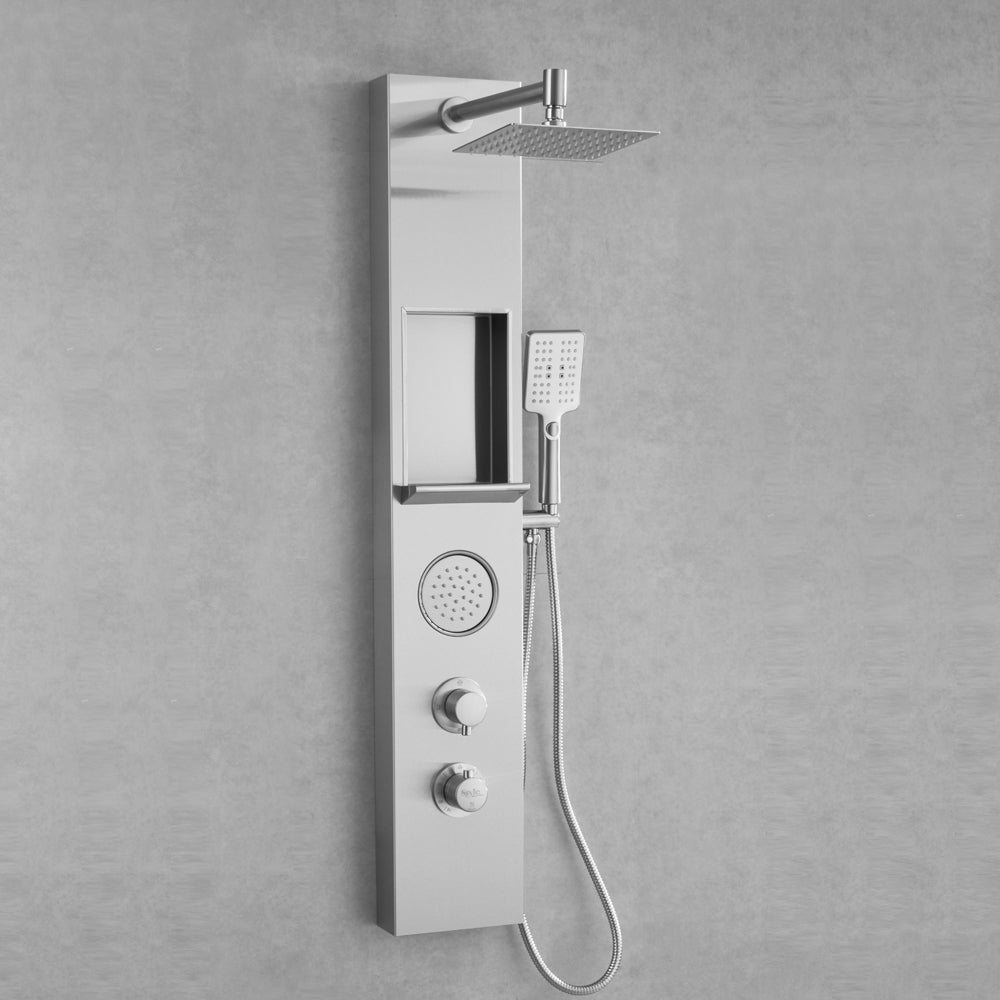 Juno Commercials Brushed Nickel Shower Panels with Square Shower Head & Storage Rack