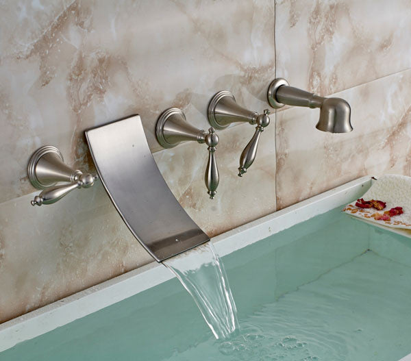 Juno Wall Mounted Brushed Nickel Bathtub Shower Faucet Mixer Tap With Hand Held Shower