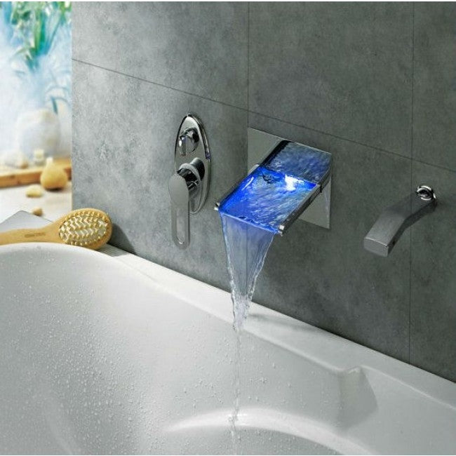 Delightful Le Havre Wall Mounted Waterfall LED Bathtub Faucets with Pull-Out Handheld Shower Head