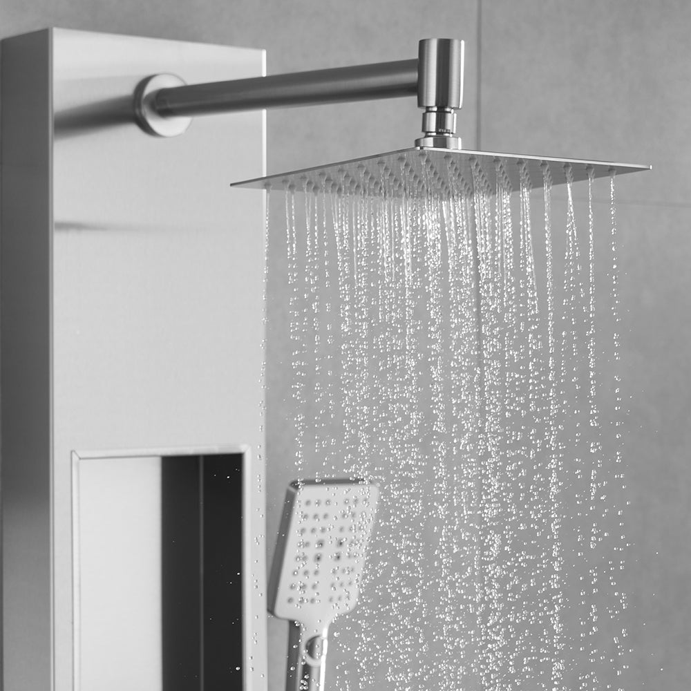 Juno Commercials Brushed Nickel Shower Panels with Square Shower Head & Storage Rack