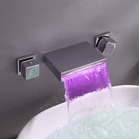 Wall Mount Square Dual Handle LED Bath Sink Waterfall Faucet