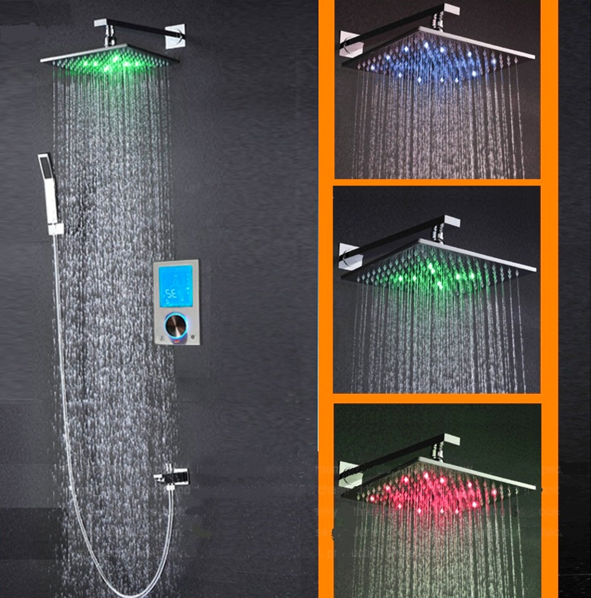 Color Changing LED Shower Head Set With Wall Mount Digital Display Temperature Controller
