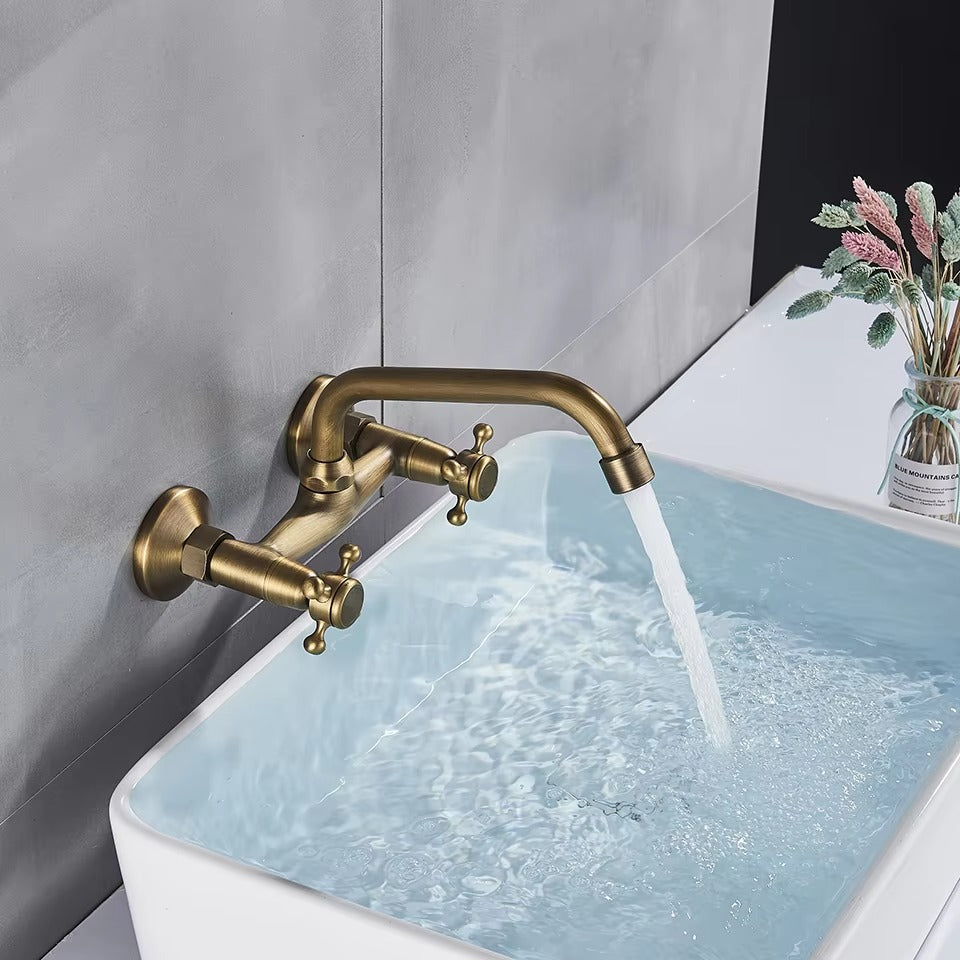 Juno Wall Mount Brass Kitchen Faucet Dual Handle Kitchen Sink Tap