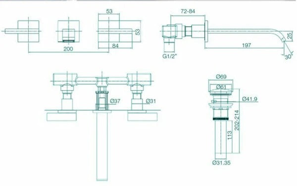 Juno Multi Color Wall Mount Bathroom Faucet Dual Handle Hot and Cold