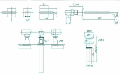 Juno Multi Color Wall Mount Bathroom Faucet Dual Handle Hot and Cold