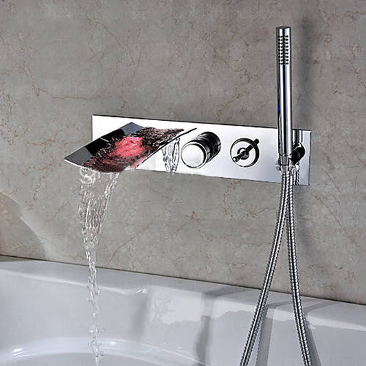 Modern Wall Mount with Pull-out Hand Shower Bathtub LED Waterfall Faucet
