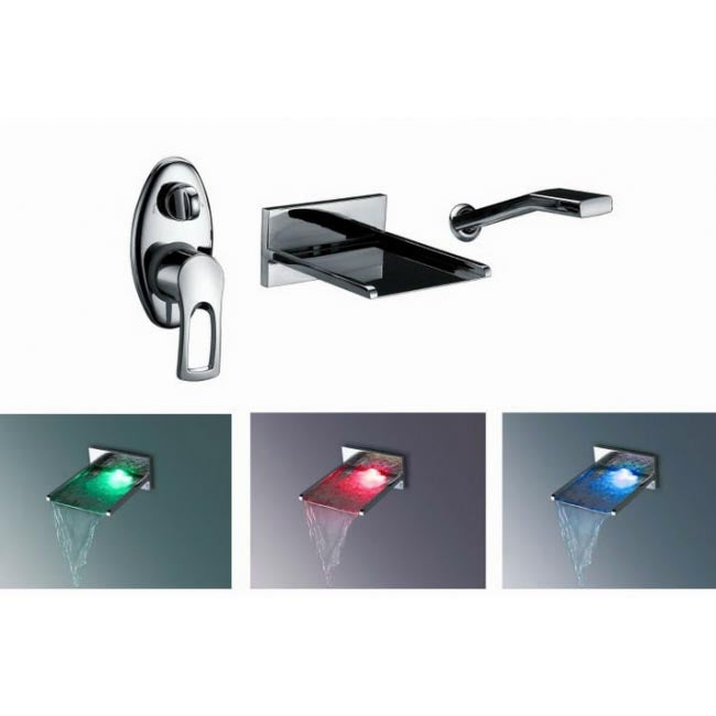 Delightful Le Havre Wall Mounted Waterfall LED Bathtub Faucets with Pull-Out Handheld Shower Head