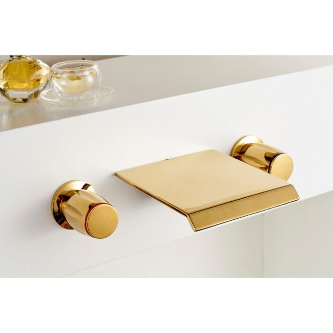 Juno Gold Finish Wall Mount Dual Handle Waterfall Bathroom Sink Faucet