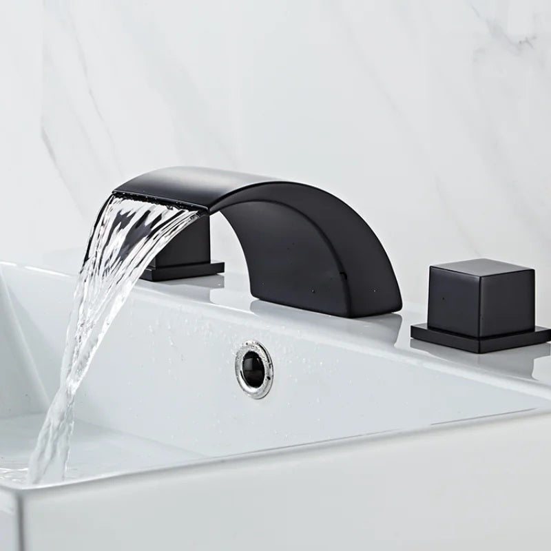 Juno Waterfall Bathtub Faucet Widespread Black Finish Deck Mounted