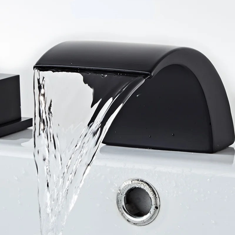 Juno Waterfall Bathtub Faucet Widespread Black Finish Deck Mounted