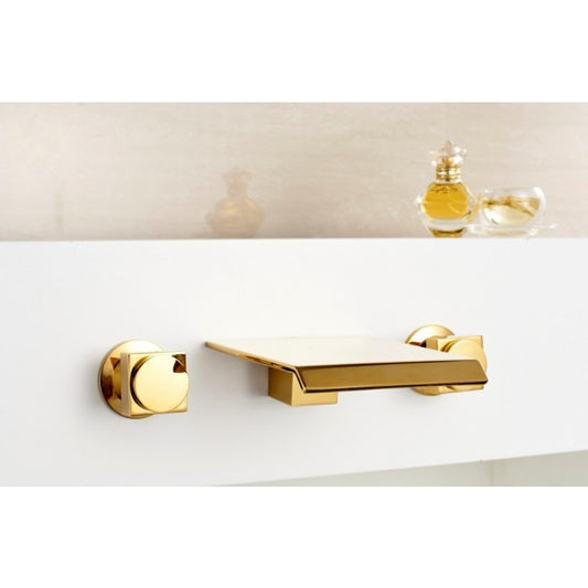 Brio Gold Finish Wall Mount Dual Handle Waterfall Sink Faucet 