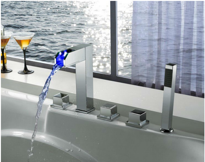 Waterfall LED Bathtub Shower Faucets Solid Brass Chrome Finish
