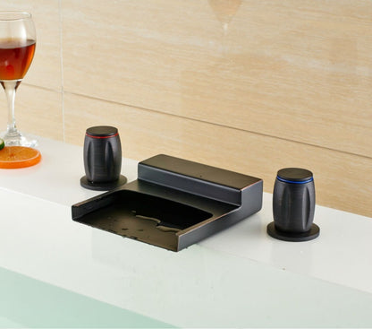 Waterfall Deck Mount Round Dual Handle Bathroom Sink Faucet Oil Rubbed Bronze